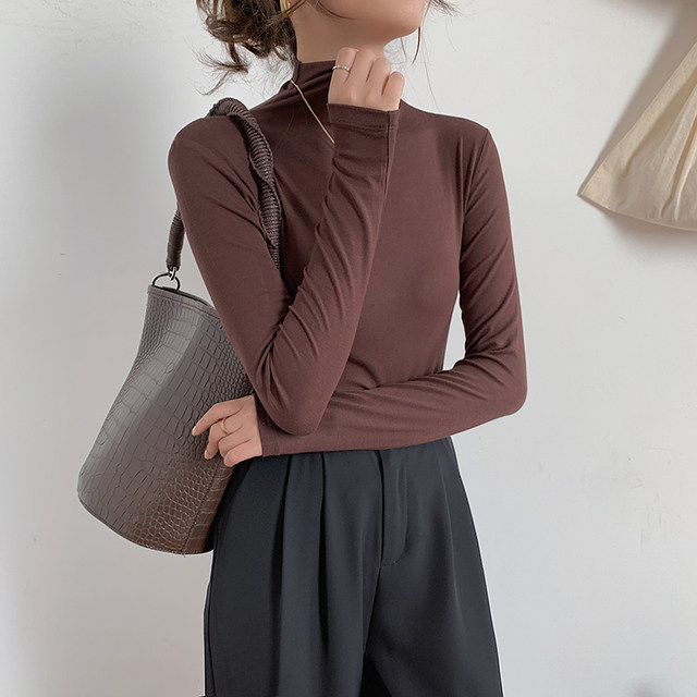 Autumn and Winter Thin Fleece Thermal Base Layer Modal Half-Turtleneck Brushed T-Shirt for Women, Slim Fit Layering Top Ins