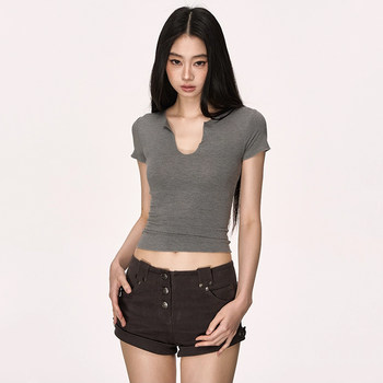 Ruffled V-Neck Short-Sleeve T-Shirt for Women, Summer American Retro Style, Elastic Waist, Slimming High-Waisted Short Top