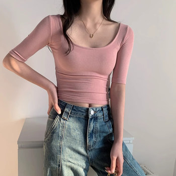 Large U-Neck Five-Quarter Sleeve Solid Color Top for Women, Summer 2025 New Popular Style, Unique Slim-Fit Tight Inner Wear Mid-Sleeve T-Shirt