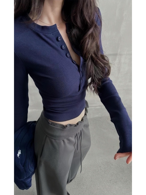 American-Style Spicy Girl Single-Breasted Long-Sleeve T-Shirt for Women, Early Autumn, Slim Fit, Inner Layer, Unique Shoulder Design Top