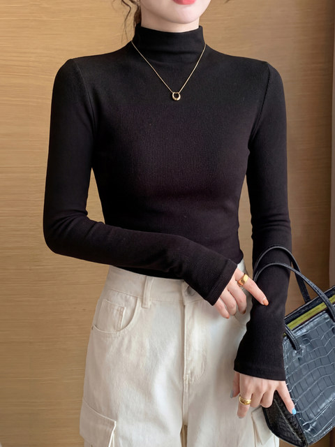 Petite Women's Long-Sleeve Half-Turtleneck Base Layer T-Shirt, Autumn and Winter American Style, Slim-Fit, Flattering Top