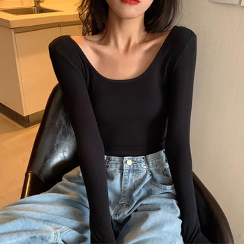 Early Autumn Chic Low-Neck High-Waisted Long-Sleeve T-Shirt for Women, Popular 2025 European Style Slim-Fit Flattering U-Neck Base Shirt, Beautiful Top