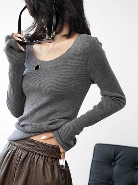 Trendy U-Neck Long-Sleeve Base Shirt for Women, Autumn/Winter 2025 New Style, Gray, Slim-Fit, Stylish Top