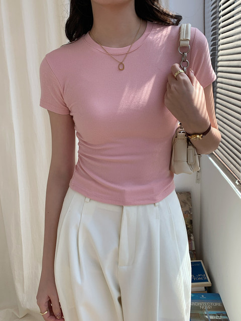 Body-Shaping Tight-Fitting Layered Slim-Fit Solid Color Ribbed Short T-Shirt with Regular Shoulders, Versatile Top, Short-Sleeved T-Shirt for Women