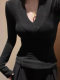 Sexy Deep V-Neck Long-Sleeve Base T-Shirt for Women, Autumn and Winter 2025 New Style, Pure Desire, Tight-Fitting Inner Wear, Slimming Bell-Sleeve Top