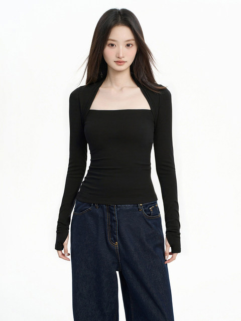 Sexy Style Spicy Girl Square Neck Long-Sleeve T-Shirt for Women, Spring and Autumn 2026 New Slim Fit Body-Hugging Base Shirt Inner Top