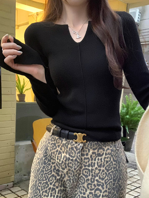 Bell-Sleeve V-Neck Long-Sleeve Knit Top for Women, Autumn and Winter, High-End, Chic, Tight-Fitting, Slimming Base Layer Top