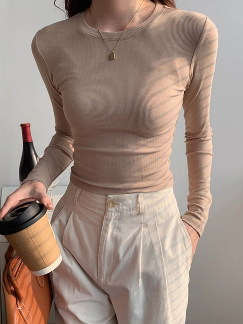 Figure-Flattering Warm Round-Neck Long-Sleeve T-Shirt for Women, Autumn and Winter, Slim-Fit, Suitable for Pairing with Coats, Thin Fleece, Thickened Base Layer