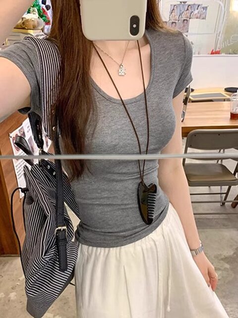 Spicy Girl Style Elastic U-Neck Short-Sleeve T-Shirt for Women, Summer Tight-Fitting, Figure-Flattering, Slim-Fit Short Base Shirt, Gray Crop Top