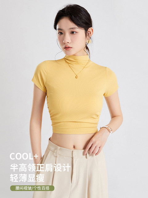 Designed with Pleats and Chest Pads, a Small Turtleneck Short-Sleeved T-Shirt for Women, Summer 2025 New Style, Slimming Short Top for Layering