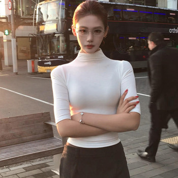 Half-High Collar, Five-Quarter Sleeve T-Shirt for Women, New Summer and Autumn Style, Pure and Sexy, Tight-Fitting, Short, Midriff-Baring, Inner Layering Top