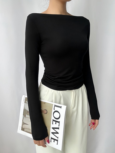 Trendy Off-Shoulder Long-Sleeve Base Shirt T-Shirt for Women, Autumn and Winter Pure Desire Style, American-Style Tight-Fitting Slim-Fit Top