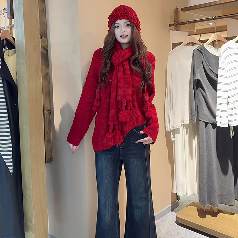 Korean-Style Tops Suitable for Autumn and Winter, Designed to Be Worn Alone, with a Unique Design, Red Round-Neck Long-Sleeved Knitwear, Christmas Sweater for Women Korean-Style Tops Suitable for Autumn and Winter, Designed to Be Worn Alone, with a Unique Design, Red Round-Neck Long-Sleeved Knitwear, Christmas Sweater for Women