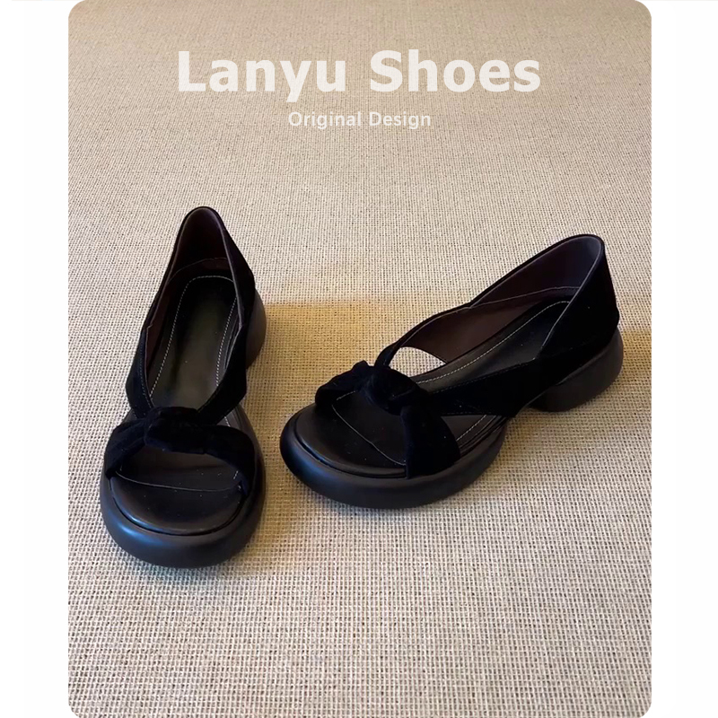 Sheepskin Version ~ Elegant Black Open-Toe Beach Casual Sandals for Women, Summer Outdoor Wear, Thick-Soled Height-Increasing Simple Roman Shoes