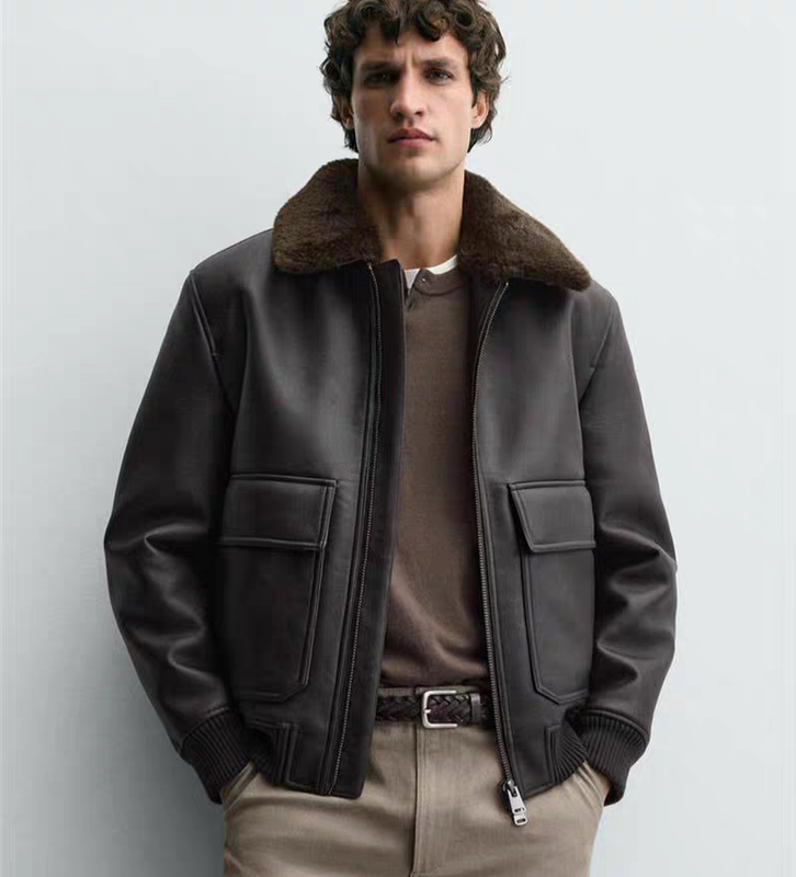 Za2025 Winter New Arrival Men's Vintage Patchwork Collar Leather Effect Jacket 3548108