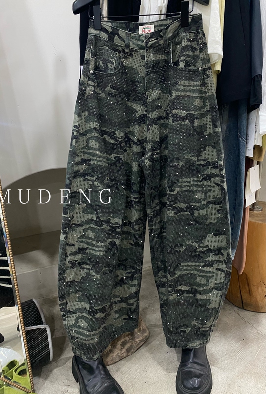 2026 Spring/Summer Heavy Rhinestone Camouflage Workwear Jeans Loose Fit Scimitar Jeans Floor-Length High-Waisted Pants