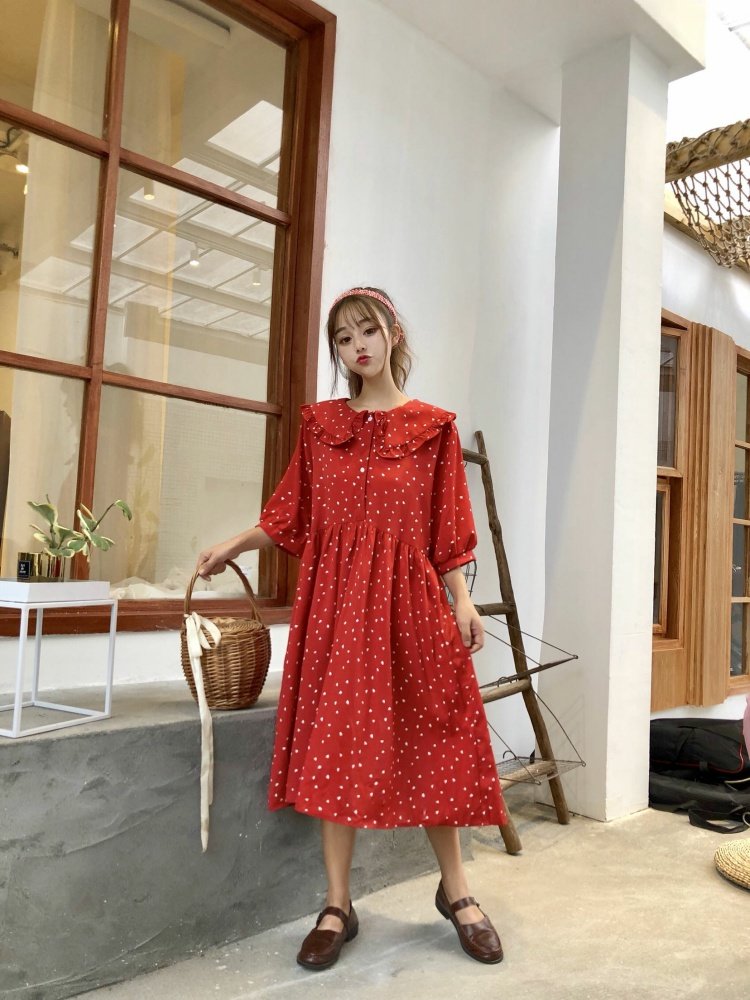 2018 mùa thu váy của phụ nữ Nhật Bản nhỏ tươi lỏng thời trang điểm sóng lá sen Một từ váy ngọt ngào midi ăn mặc váy chữ a liền