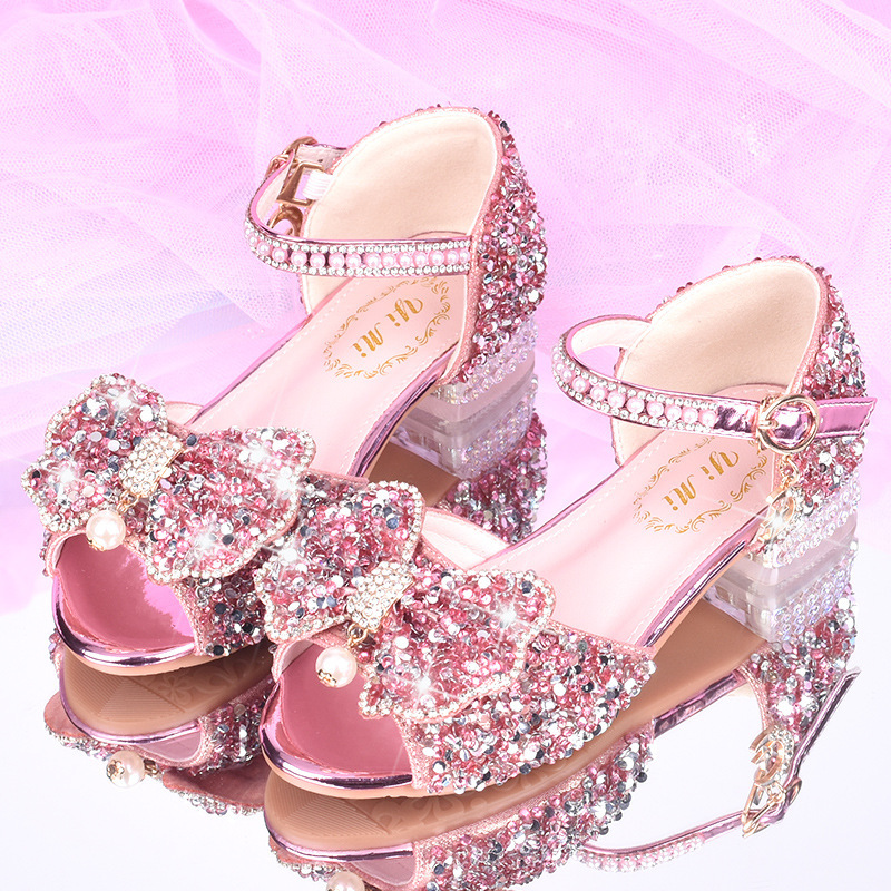 Girls' Sandals, New Summer Style Princess Shoes, Little Girls' Crystal Shoes, Popular Dress Shoes, Bow-Knot Kidsren's High Heels