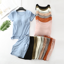 Women with chest pad Bra-free Short sleeve T-shirt Shorts Pajamas Modal homewear suit Spring and summer two-piece set