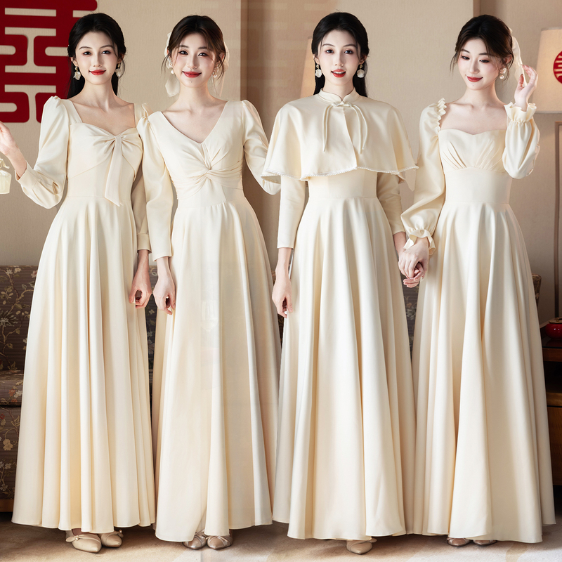 Champagne-Colored Bridesmaid Dress 2026 New Autumn Long-Sleeved High-End Niche New Chinese Style Sister Group Dress Can Be Worn Casually