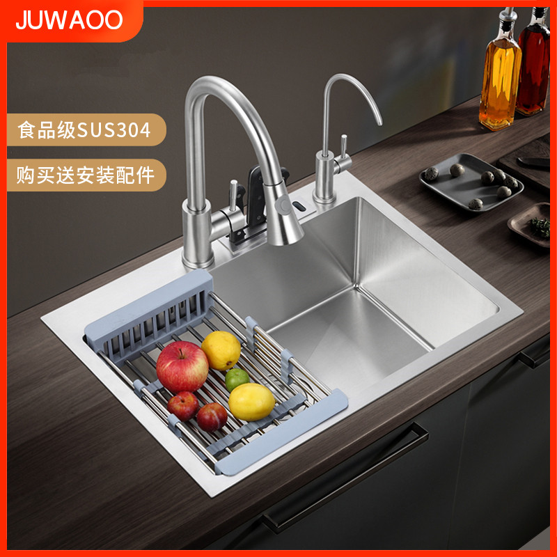 JUWAOO sink single sink kitchen washbasin 304 stainless steel with knife holder manual dishwashing table top and bottom bowl sink