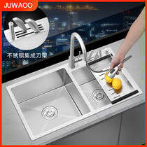 JUWAOO sink double sink kitchen dishwashing basin 304 stainless steel with knife holder handmade dishwashing table under and off the table