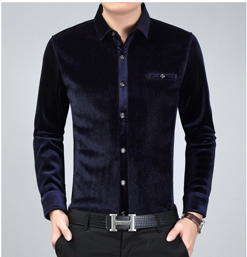Tay áo trung niên ve áo màu rắn cộng với nhung dày trung niên nam giả lông chồn lông ấm áo bố áo sơ mi nam trung niên