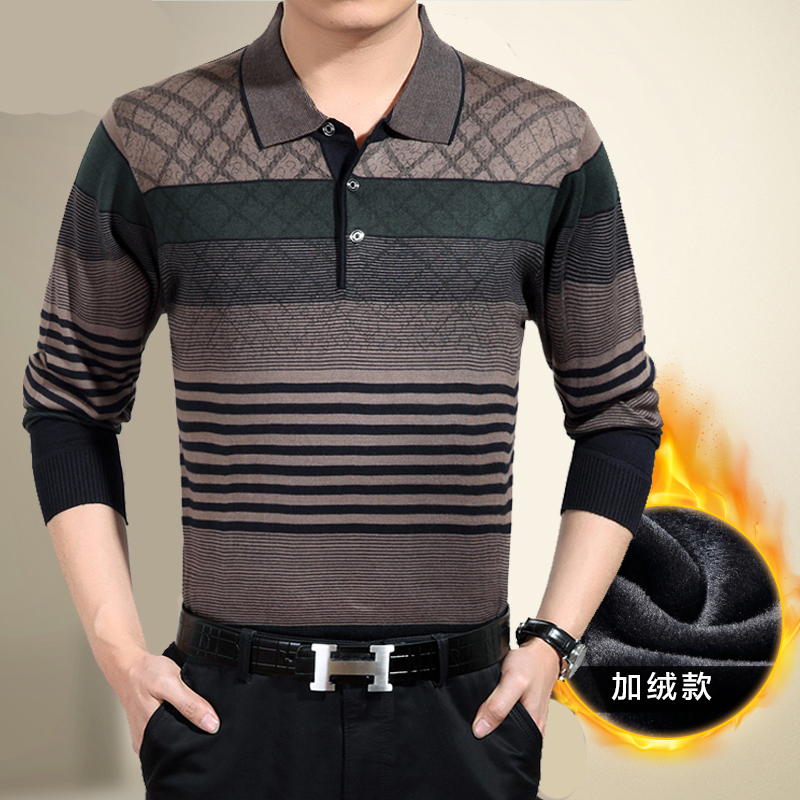 Người đàn ông trung niên của dài tay t-shirt knit cộng với nhung dày áo len cha mặc trung niên mùa thu và mùa đông áo len nam