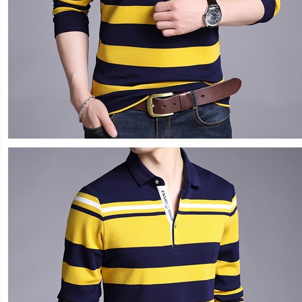 Quần áo xuân thu, áo thun dài tay trẻ trung cotton cotton nam trung niên áo thun sọc Hàn Quốc áo phông trắng nam