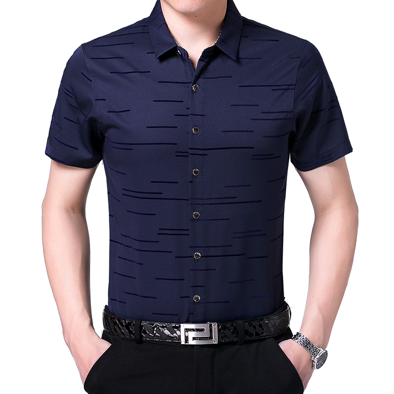 2017 mùa hè mới trung niên nam ngắn tay áo sơ mi lụa kinh doanh lỏng lẻo in hoa T-Shirt daddy sơ mi đũi nam
