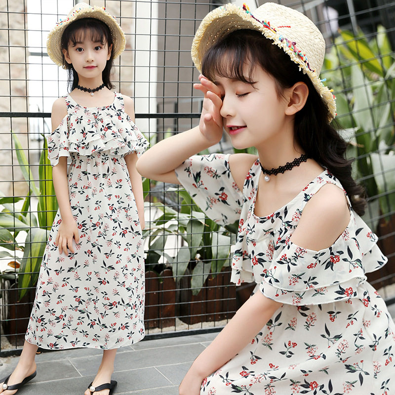 Girls' dress 2022 summer chiffon sundress girl over-the-knee long skirt floral skirt super fairy beach skirt