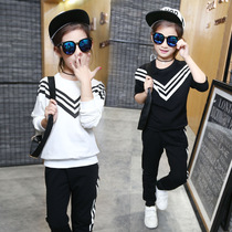 Girl Sports Suit 2022 Fall New CUHK Child Suit Two Sets Korean Version Long Sleeve Pure Color Navy Stripes