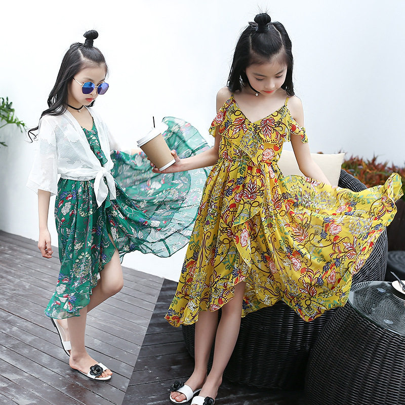 Girls' dresses 2022 summer new skirts middle-aged children's bohemian long skirt beach skirt chiffon large swing skirt