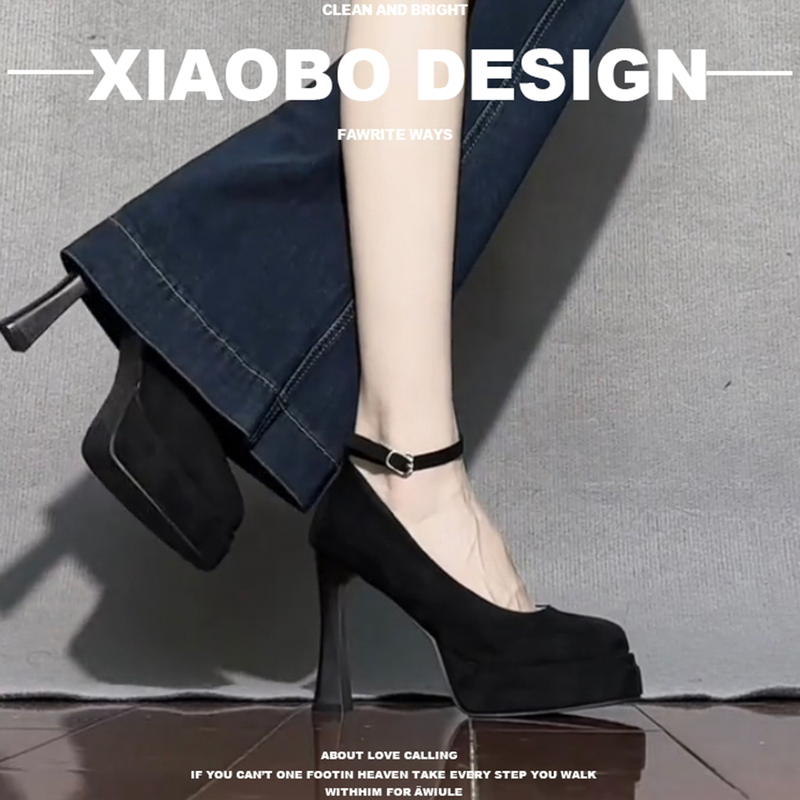 2026 New Style French Retro Style Black One-Strap High-Heeled Shoes for Women with Thick Heels and Waterproof Platforms, Thick-Soled Mary Jane Shoes
