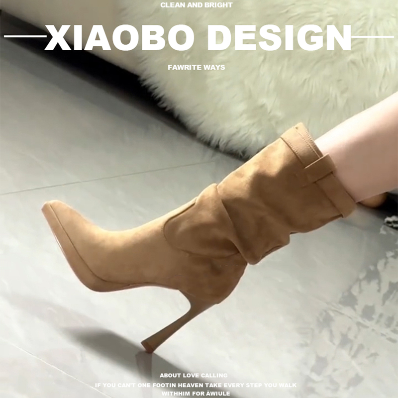 Vintage Waterproof Platform Pleated Stacked Boots for Women 2026 with Belt Buckle, Slimming Mid-Calf Boots, Thin Heel, Pointed Toe, High-Heeled Short Boots