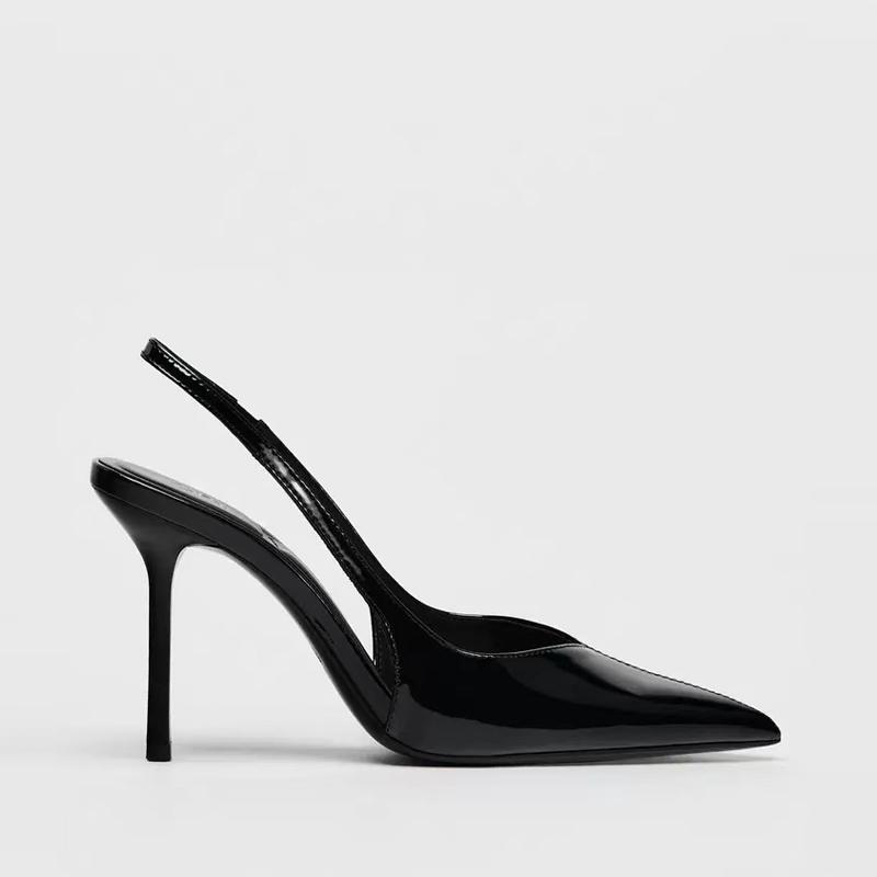 Za Black V-Cut High-Heeled Shoes for Women 2024 Autumn and Winter New Pointed-Toe Patent Leather Mules Stiletto Closed-Toe Elegant Sandals