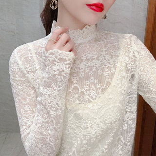 纯棉雷丝上衣女蕾丝打底衫春秋薄款全棉长袖内搭洋气立领网纱上衣