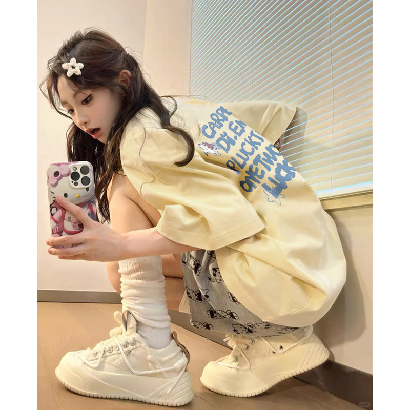 Pure Cotton Light Yellow Fun Oversized T-Shirt for Women, American Style Trendy Brand Short-Sleeve 2026 New Popular Style for Petite Figures, Summer Top Pure Cotton Light Yellow Fun Oversized T-Shirt for Women, American Style Trendy Brand Short-Sleeve 2026 New Popular Style for Petite Figures, Summer Top