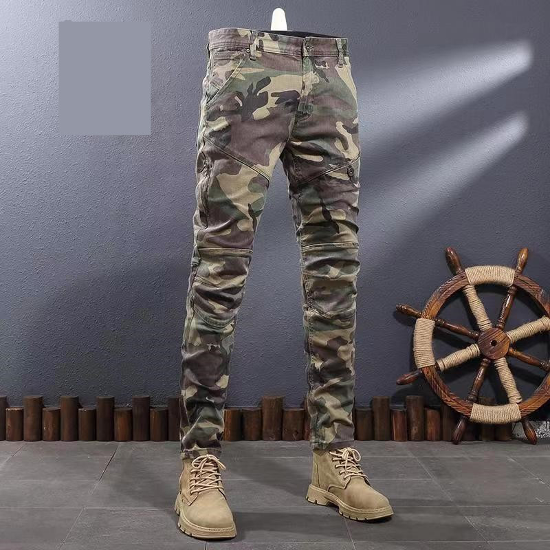 Autumn Washed Motorcycle Patchwork Camouflage Jeans for Men, Korean Style Trendy Stretch Slim Casual Long Pants, Trendy Brand Pants