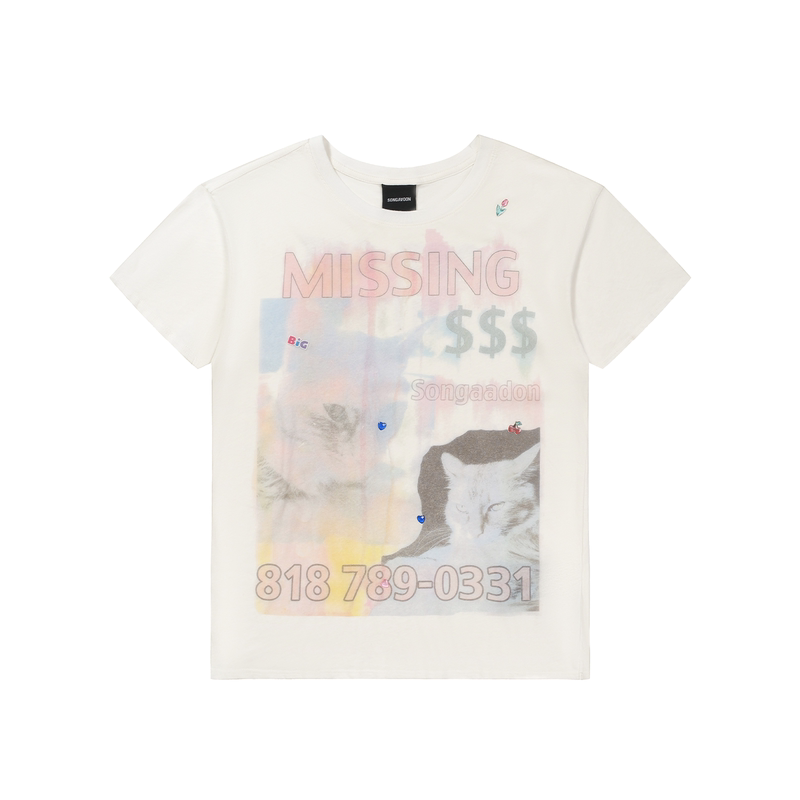 Songaadon 26Fw Missing Cat 3D Heat Transfer Rhinestone Linen Lightweight T-Shirt Songaadon 26Fw Missing Cat 3D Heat Transfer Rhinestone Linen Lightweight T-Shirt