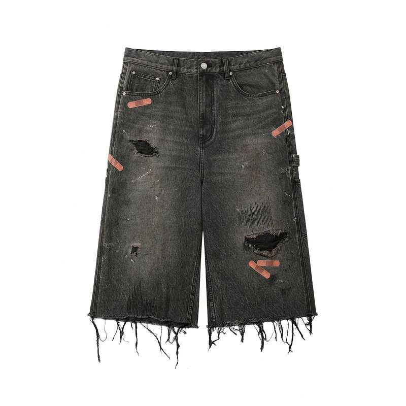 Songaadon 26Fw Band-Aid Heat Transfer Washed Distressed Charcoal Gray Cropped Jeans