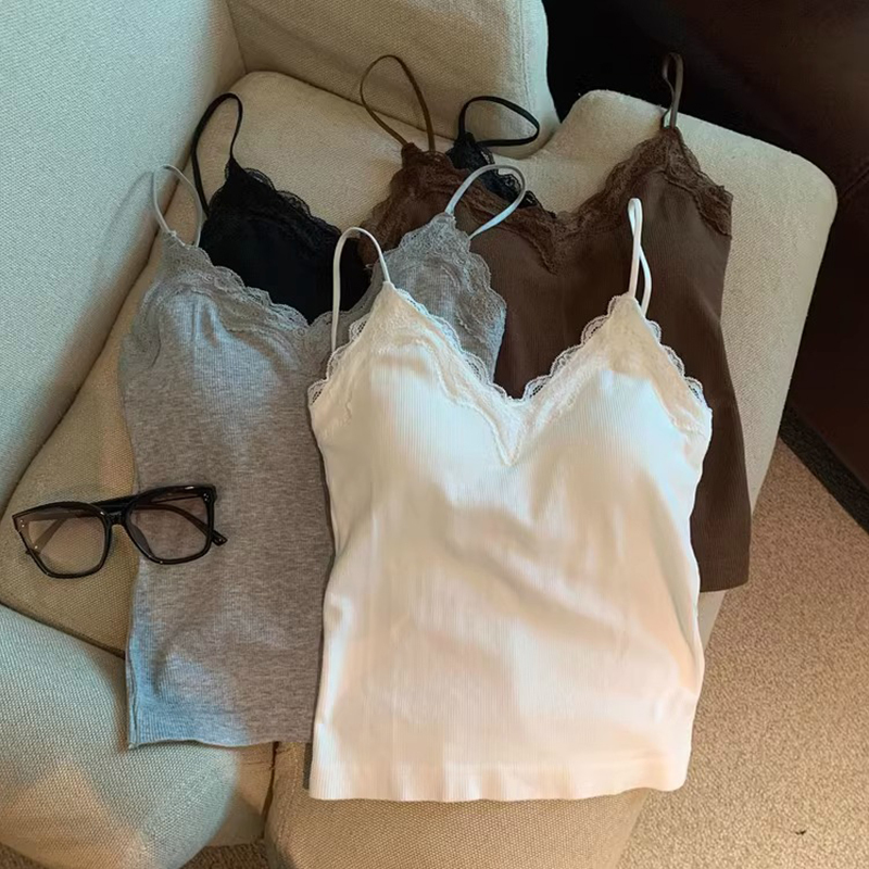 White V-Neck Lace-Trimmed Camisole for Women, Summer Inner Wear for Petite Figures, with Chest Pads, Slim-Fit Short Sleeveless Top