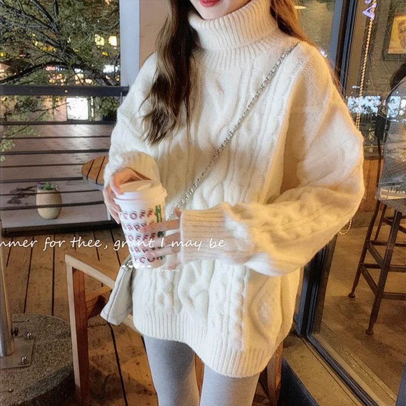 Twist Turtleneck Sweater for Women, Autumn and Winter Outerwear, Petite, Lazy Style, Loose, Thickened, Mid-Length, White Knitted Top Twist Turtleneck Sweater for Women, Autumn and Winter Outerwear, Petite, Lazy Style, Loose, Thickened, Mid-Length, White Knitted Top