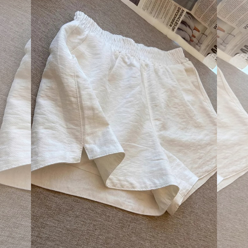 White Linen Wide-Leg Pants for Women, Summer Thin Style, Petite High-Waisted A-Line Shorts, Elastic Waist, Sporty Cotton-Linen Pants