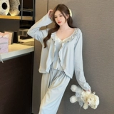 Бархатная пижама, топ с чашечками, сексуальный комплект, домашняя одежда, осенняя, изысканный стиль, легкий роскошный стиль, эффект подтяжки, 3 предмета