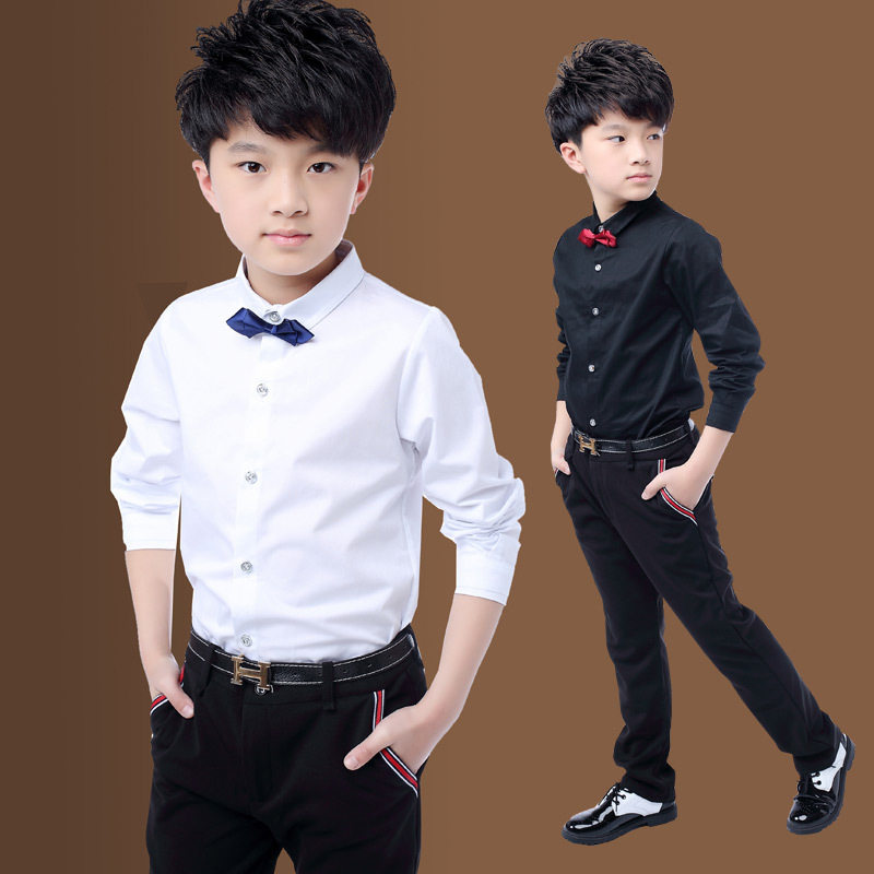 Male child Western pants 8 Children long sleeve 9 Boy plus velvet Performance shirt Elementary school Pupils pure white shirt black pants Western suit