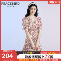 Taiping Bird v collar bubble sleeve floral dress women 2021 summer new waist slim ruffle ruffle pleated skirt