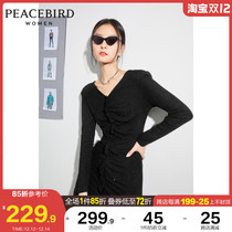 Taiping bird black V-neck knitted slim dress female 2021 spring new waist pleated sequins small black dress
