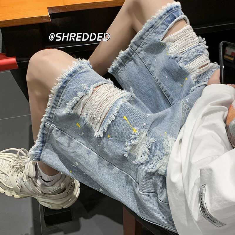 Lightweight Distressed Denim Shorts, Summer Thin Style, Loose Fit, American Trendy Brand, Street Style, Hip-Hop, Paint Dot Design, Five-Point Shorts