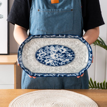 Ceramic plate Creative glaze medium-color ceramic large blue and white fish plate Rectangular steamed fish grilled fish plate Sheng dish fish plate